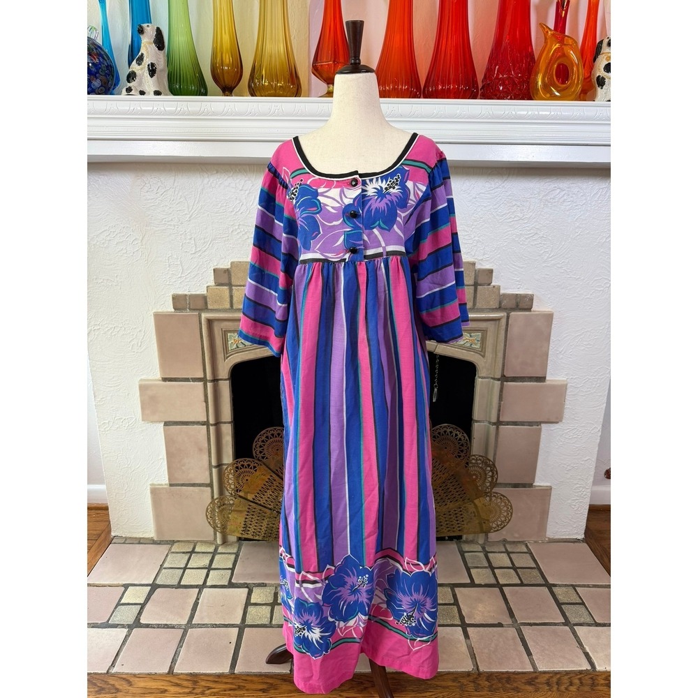 JCPenney Vintage 80s Hibiscus Border Print Empire Waist Maxi Dress USA S